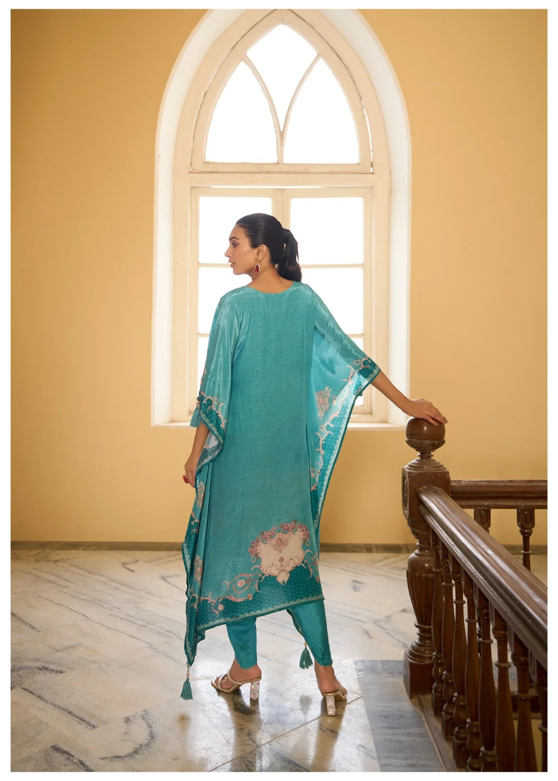 kaftan with dhoti 2pc set in crepe – firozi - sukartaa