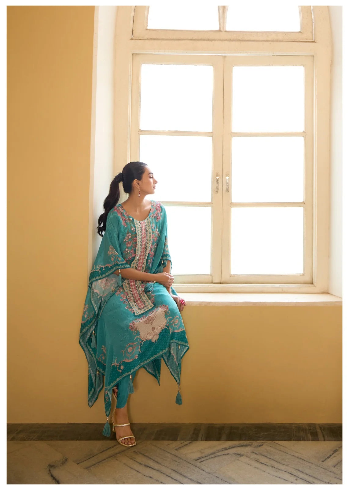 kaftan with dhoti 2pc set in crepe – firozi - sukartaa
