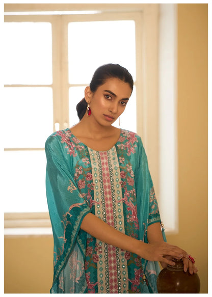 Kaftan with Dhoti 2PC Set in Crepe – Firozi - Sukartaa