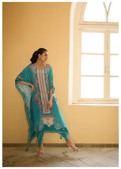Kaftan with Dhoti 2PC Set in Crepe – Firozi - Sukartaa