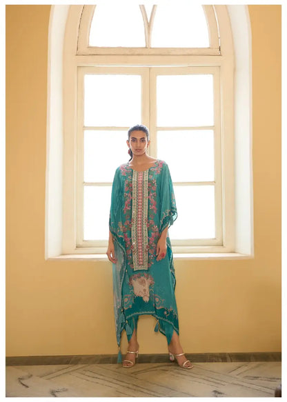 Kaftan with Dhoti 2PC Set in Crepe – Firozi - Sukartaa