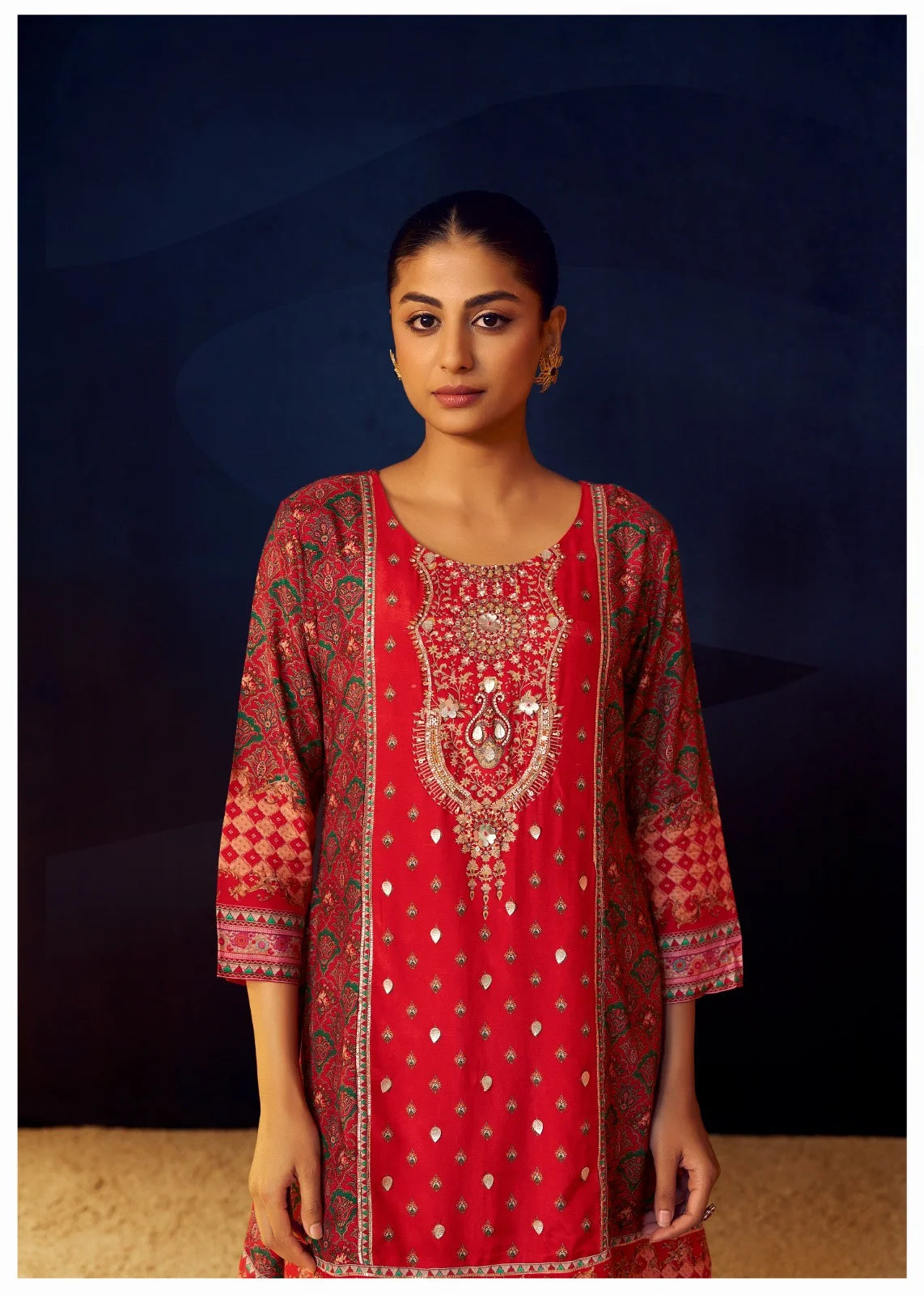 short a-line 3pc muslin suit set with handwork - sukartaa