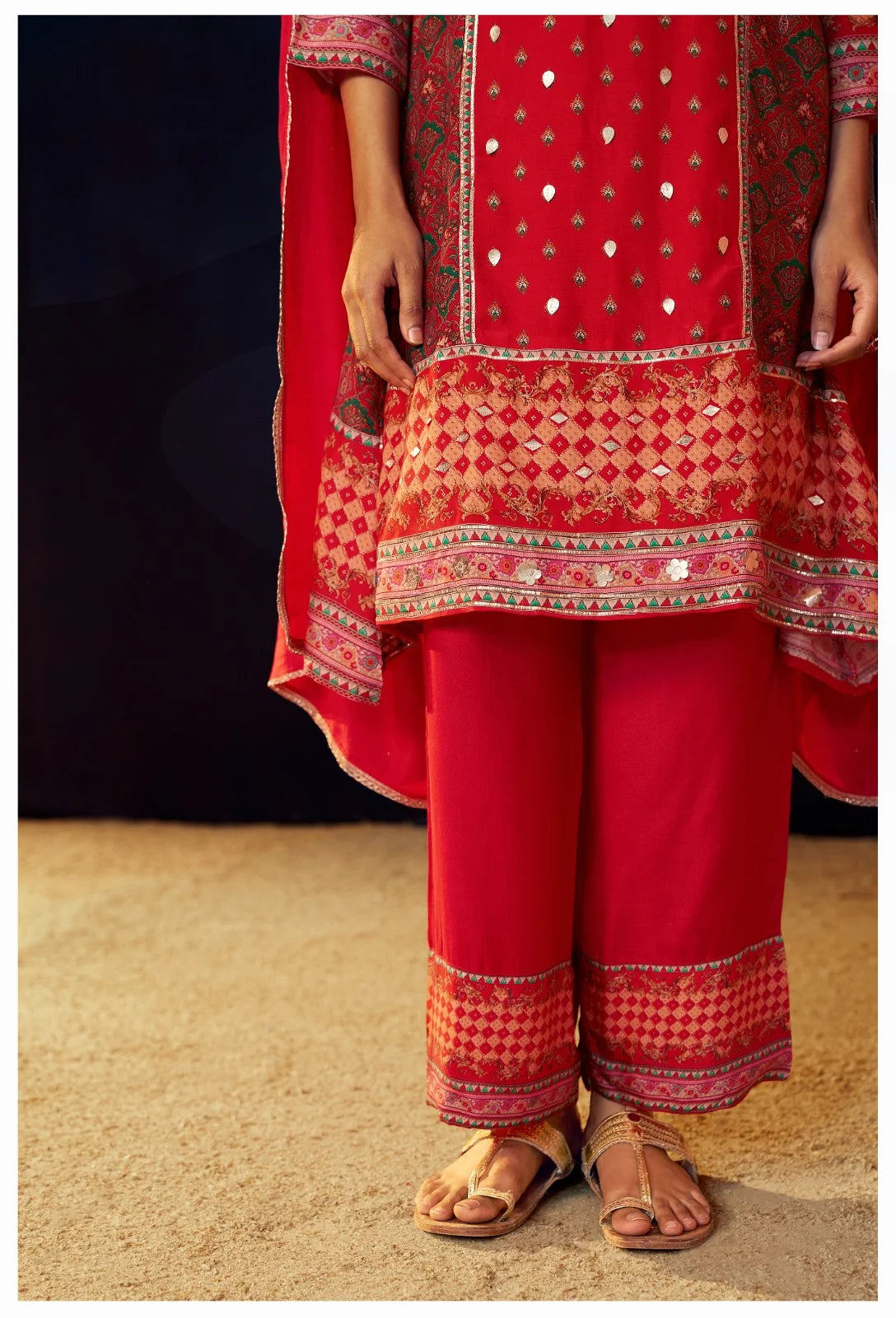 short a-line 3pc muslin suit set with handwork - sukartaa