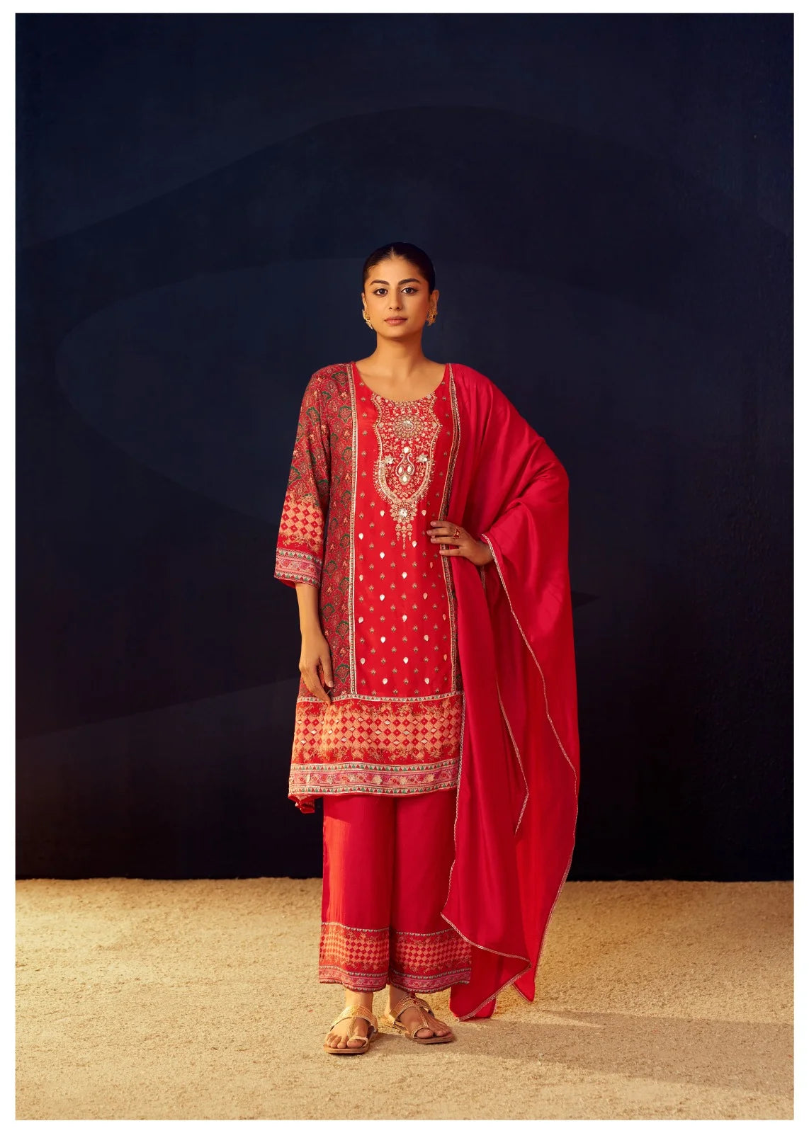 short a-line 3pc muslin suit set with handwork - sukartaa