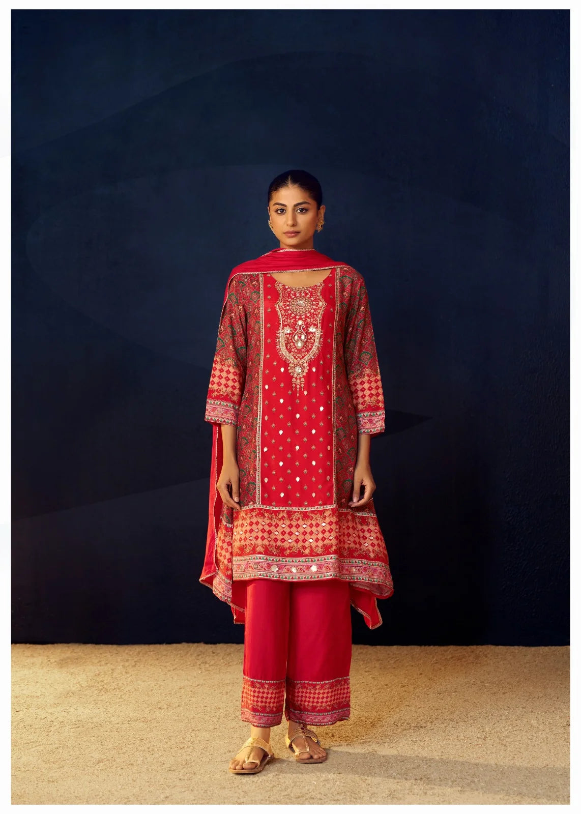 short a-line 3pc muslin suit set with handwork - sukartaa