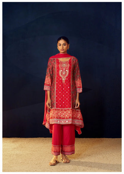 Short A-Line 3PC Muslin Suit Set with Handwork - Sukartaa