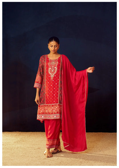 Short A-Line 3PC Muslin Suit Set with Handwork - Sukartaa