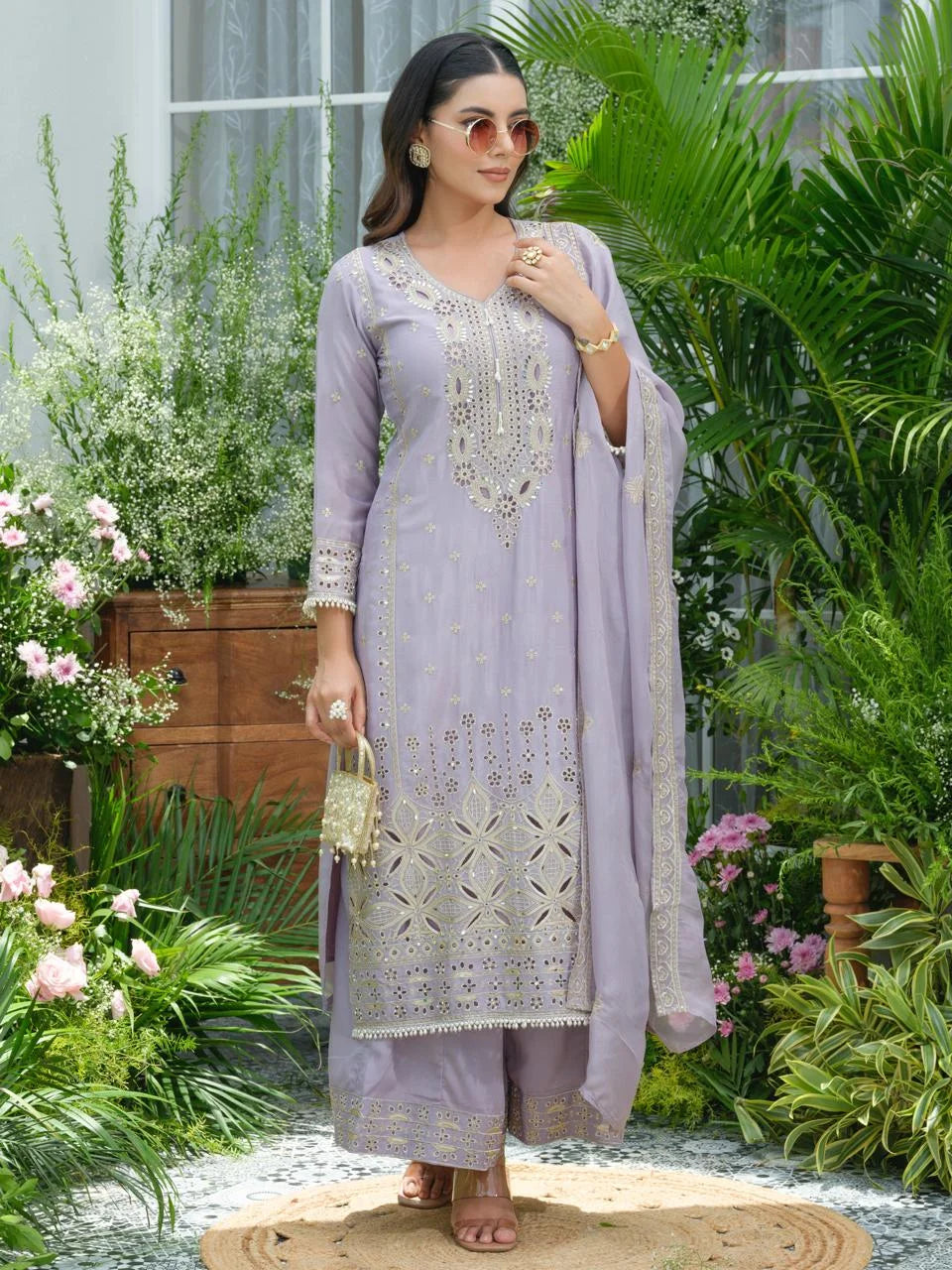 sukartaa stylish partywear suit set in pure chinon with mirror & zari work – lavender