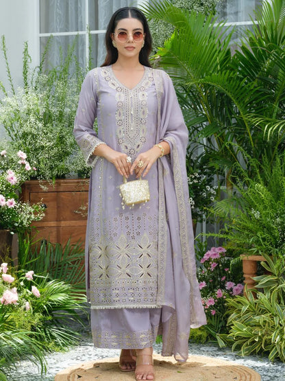 Sukartaa Stylish Partywear Suit Set in Pure Chinon with Mirror & Zari Work – Lavender