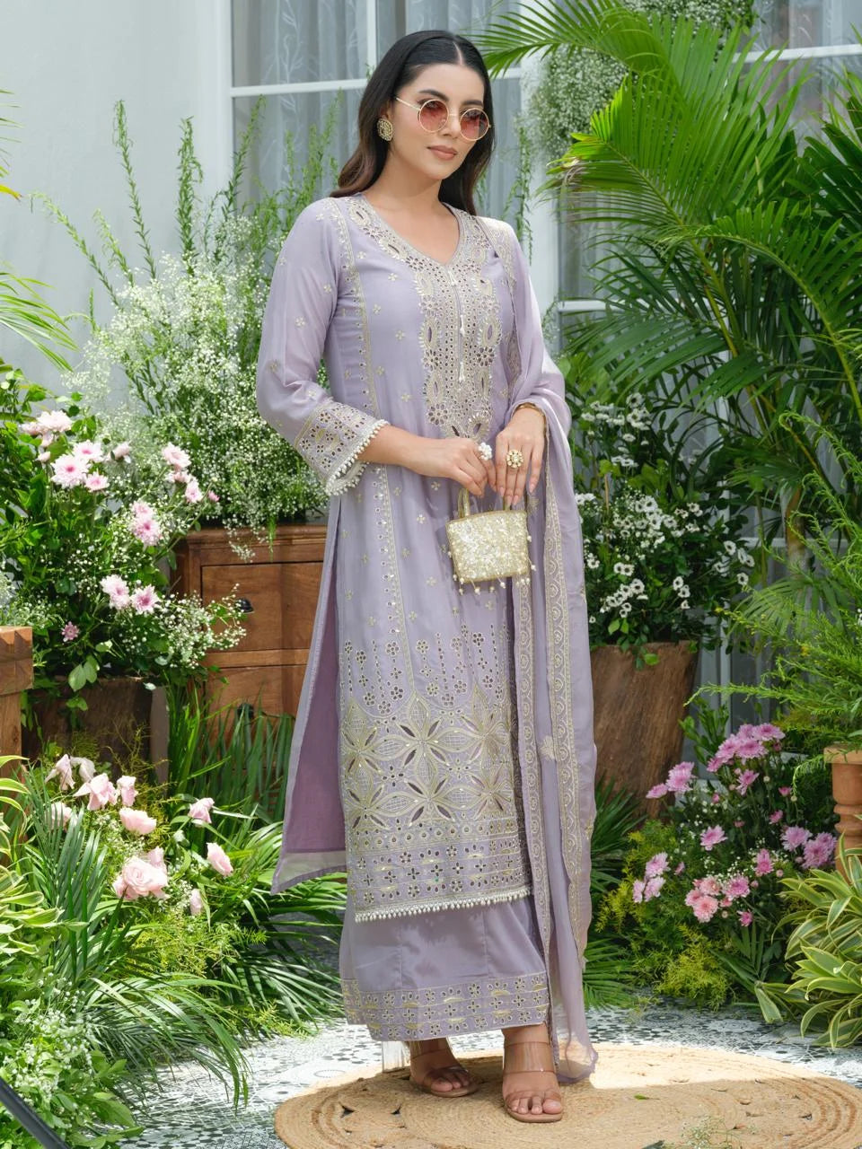 sukartaa stylish partywear suit set in pure chinon with mirror & zari work – lavender