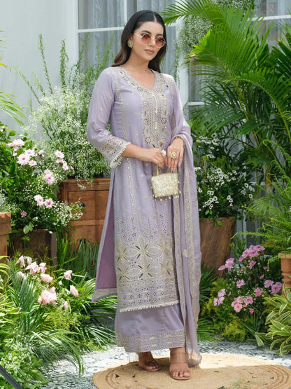 Sukartaa Stylish Partywear Suit Set in Pure Chinon with Mirror & Zari Work – Lavender