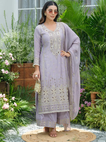 Sukartaa Stylish Partywear Suit Set in Pure Chinon with Mirror & Zari Work – Lavender