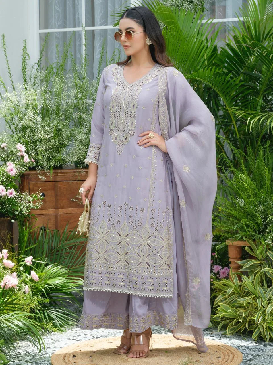 sukartaa stylish partywear suit set in pure chinon with mirror & zari work – lavender