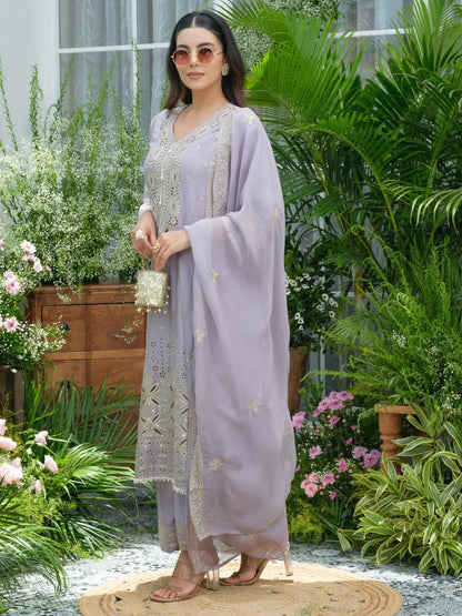 Sukartaa Stylish Partywear Suit Set in Pure Chinon with Mirror & Zari Work – Lavender