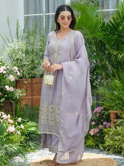 Sukartaa Stylish Partywear Suit Set in Pure Chinon with Mirror & Zari Work – Lavender