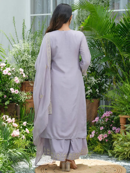 Sukartaa Stylish Partywear Suit Set in Pure Chinon with Mirror & Zari Work – Lavender
