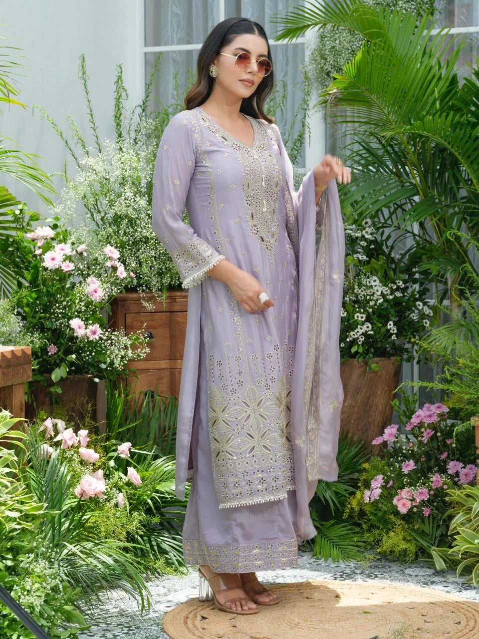 sukartaa stylish partywear suit set in pure chinon with mirror & zari work – lavender