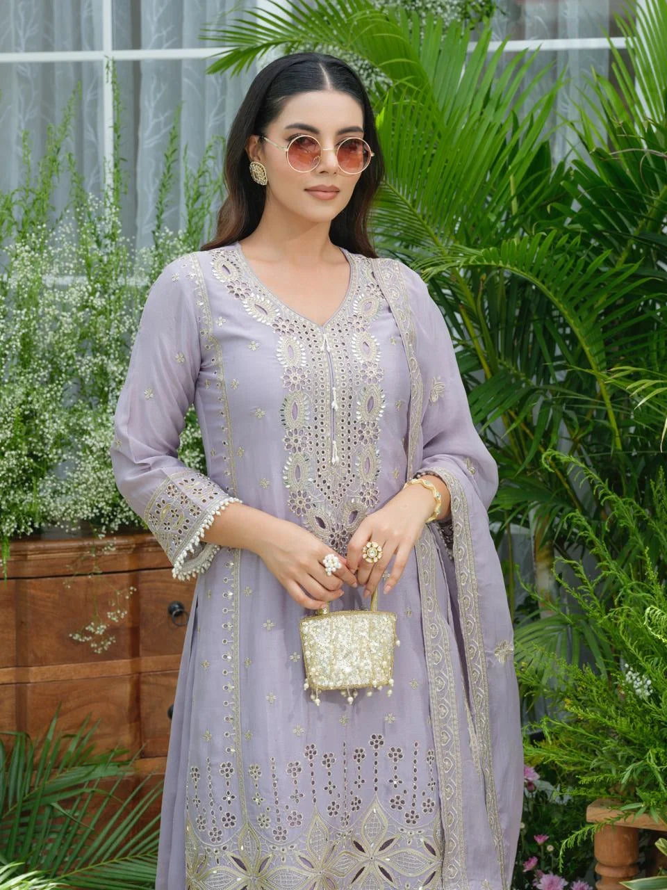 sukartaa stylish partywear suit set in pure chinon with mirror & zari work – lavender