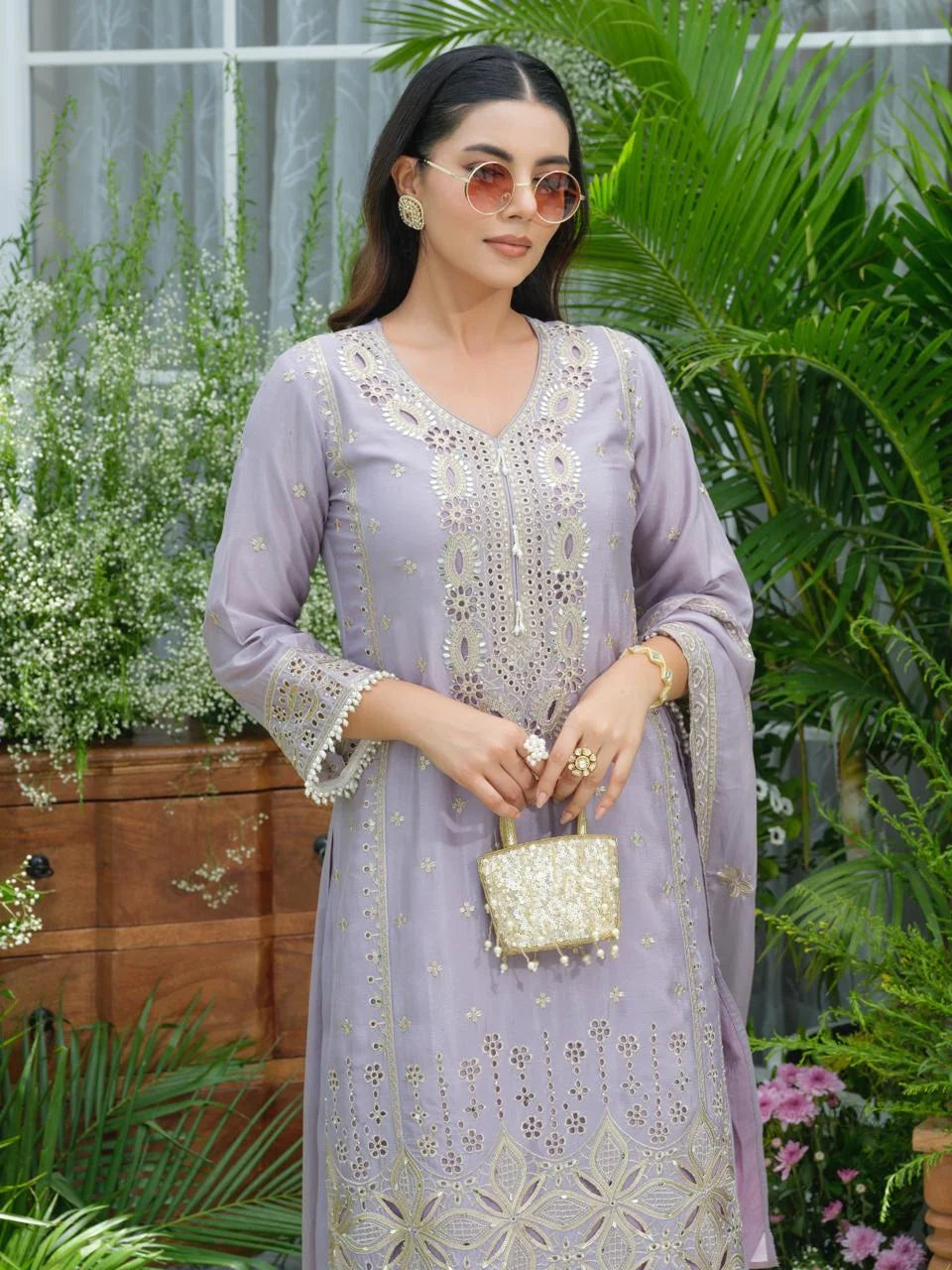 sukartaa stylish partywear suit set in pure chinon with mirror & zari work – lavender