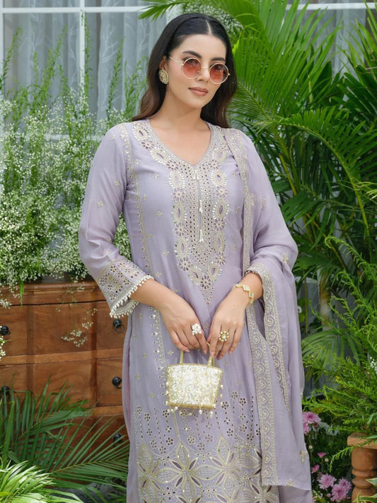 Sukartaa Stylish Partywear Suit Set in Pure Chinon with Mirror & Zari Work – Lavender