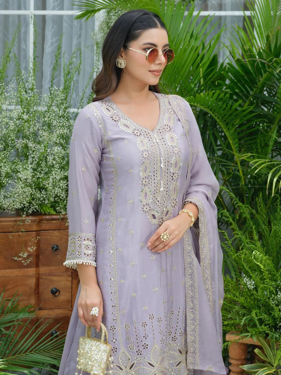 sukartaa stylish partywear suit set in pure chinon with mirror & zari work – lavender