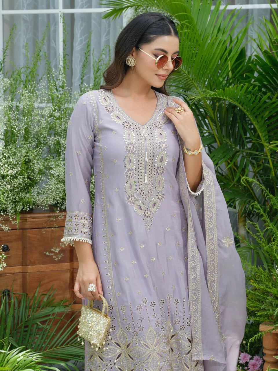 sukartaa stylish partywear suit set in pure chinon with mirror & zari work – lavender