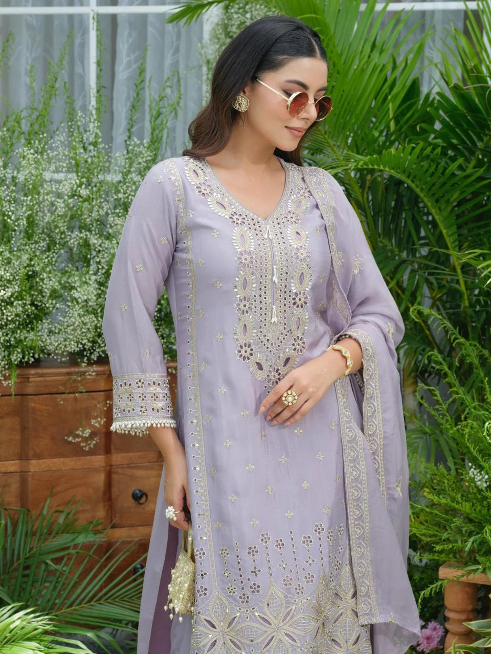sukartaa stylish partywear suit set in pure chinon with mirror & zari work – lavender