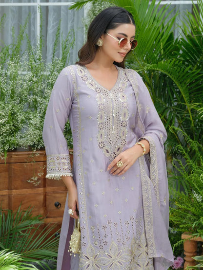 Sukartaa Stylish Partywear Suit Set in Pure Chinon with Mirror & Zari Work – Lavender