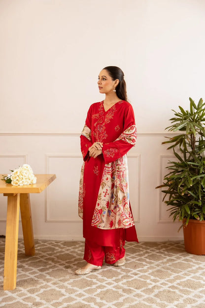 Sukartaa Rayon 3PC Suit Set with Heavy Embroidery & Digital Print Dupatta – RED