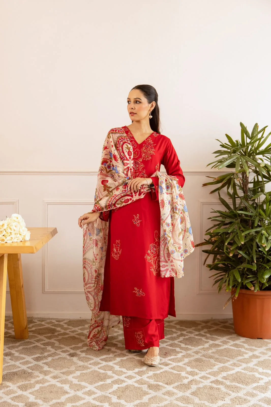 sukartaa rayon 3pc suit set with heavy embroidery & digital print dupatta – red