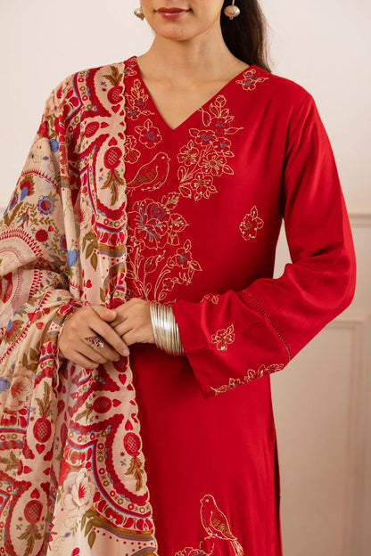 Sukartaa Rayon 3PC Suit Set with Heavy Embroidery & Digital Print Dupatta – RED