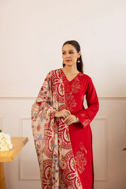 Sukartaa Rayon 3PC Suit Set with Heavy Embroidery & Digital Print Dupatta – RED