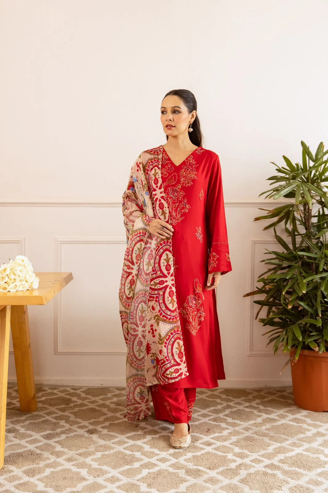 sukartaa rayon 3pc suit set with heavy embroidery & digital print dupatta – red