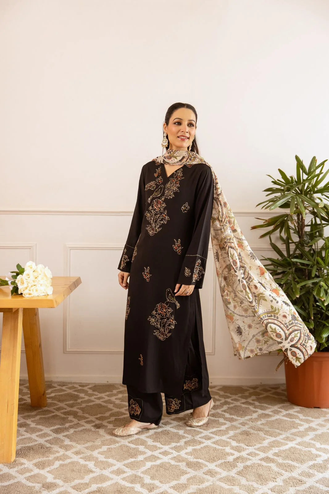 sukartaa rayon 3pc suit set with heavy embroidery & digital print dupatta – black