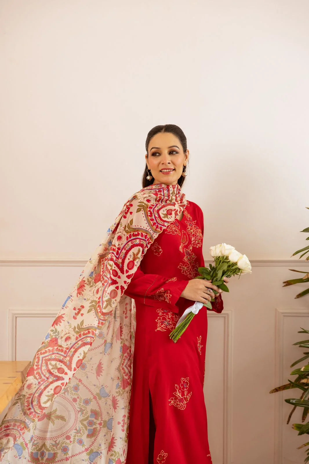 sukartaa rayon 3pc suit set with heavy embroidery & digital print dupatta – red