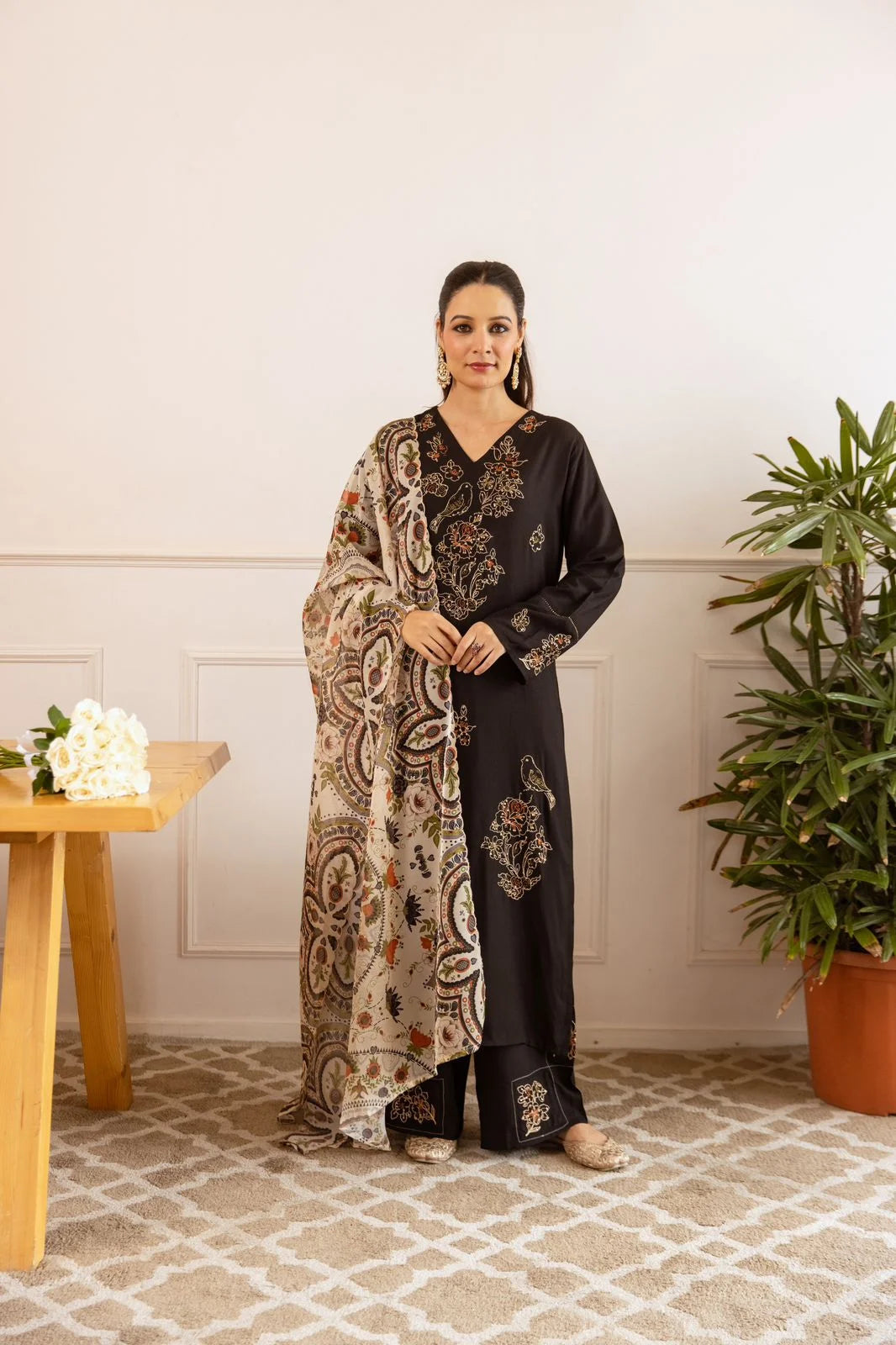 sukartaa rayon 3pc suit set with heavy embroidery & digital print dupatta – black