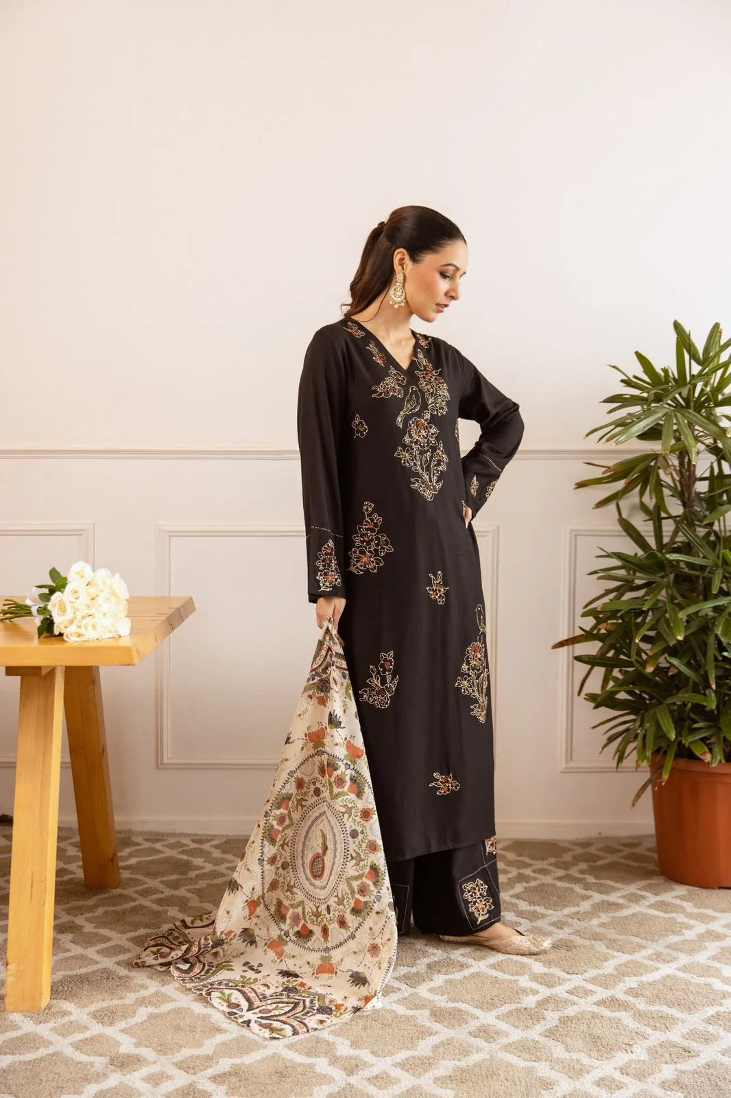 sukartaa rayon 3pc suit set with heavy embroidery & digital print dupatta – black