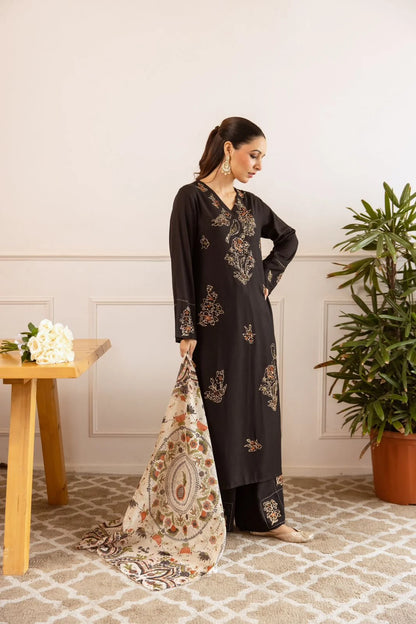 Sukartaa Rayon 3PC Suit Set with Heavy Embroidery & Digital Print Dupatta – Black