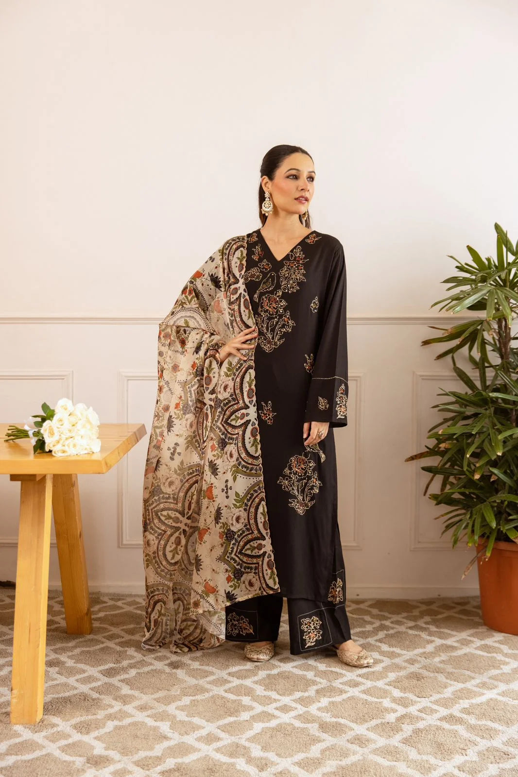 sukartaa rayon 3pc suit set with heavy embroidery & digital print dupatta – black
