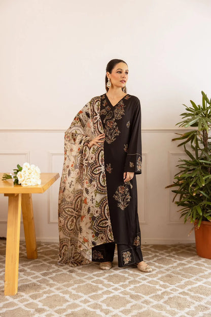 Sukartaa Rayon 3PC Suit Set with Heavy Embroidery & Digital Print Dupatta – Black