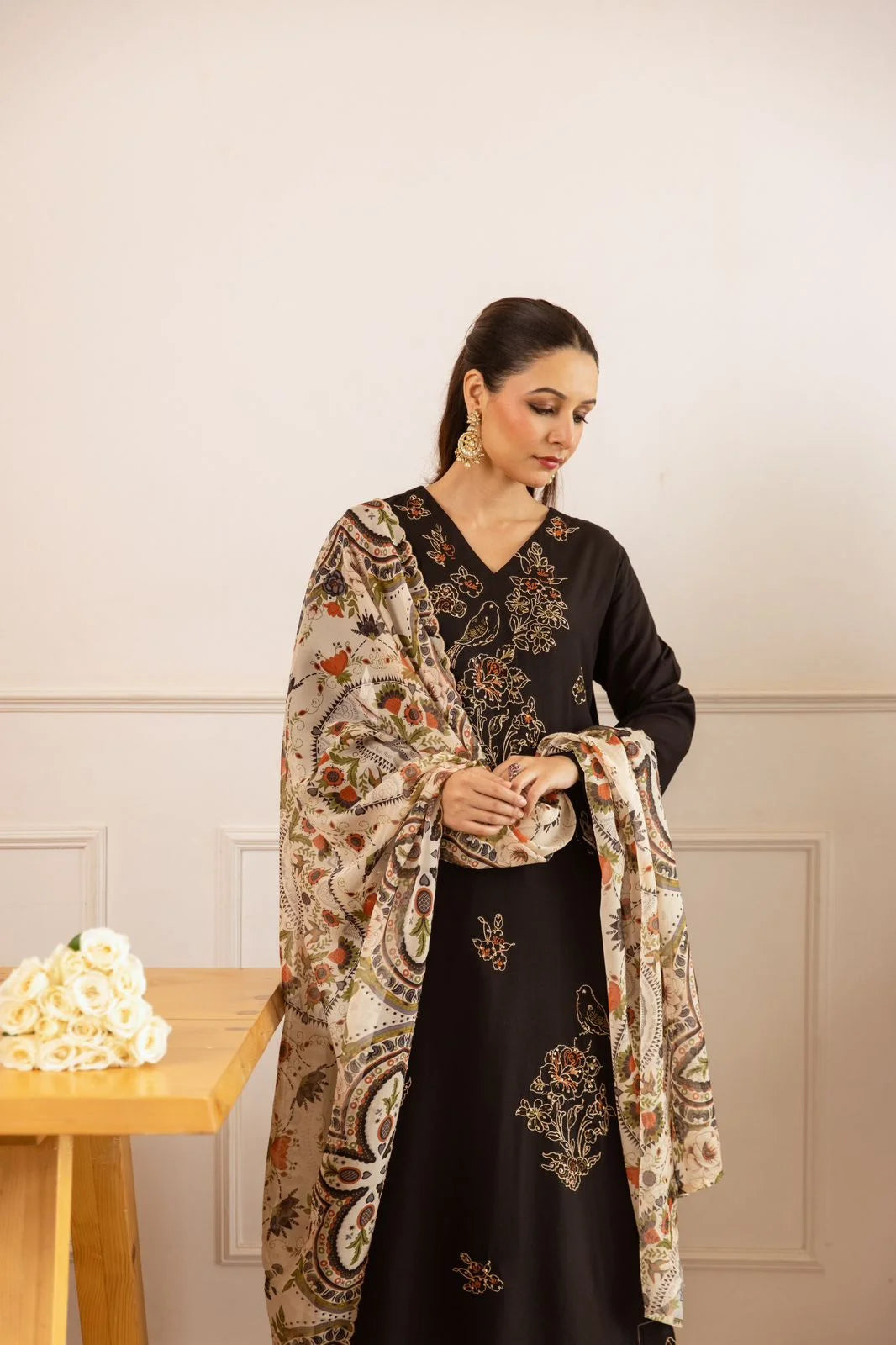 sukartaa rayon 3pc suit set with heavy embroidery & digital print dupatta – black
