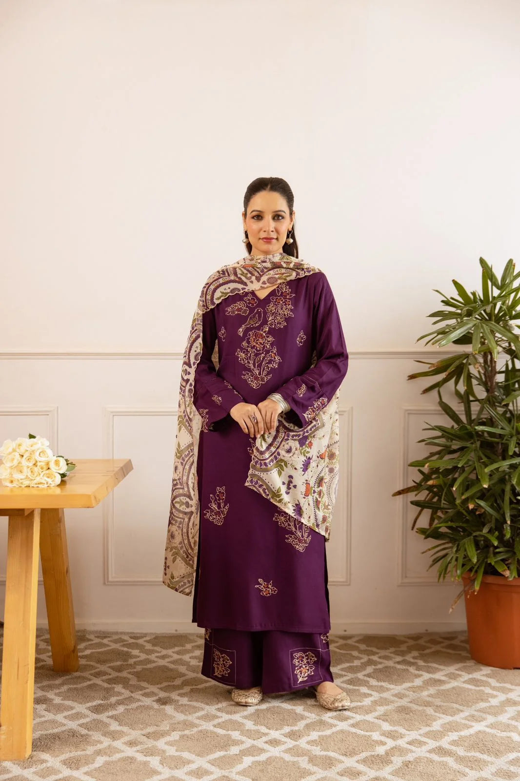 sukartaa rayon 3pc suit set with heavy embroidery & digital print dupatta – wine