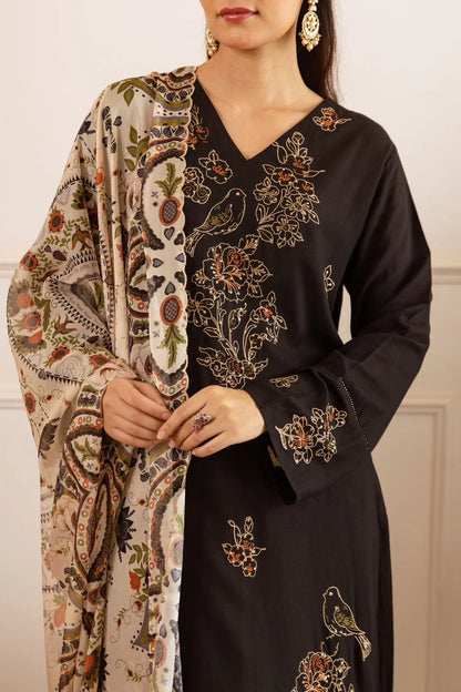 Sukartaa Rayon 3PC Suit Set with Heavy Embroidery & Digital Print Dupatta – Black