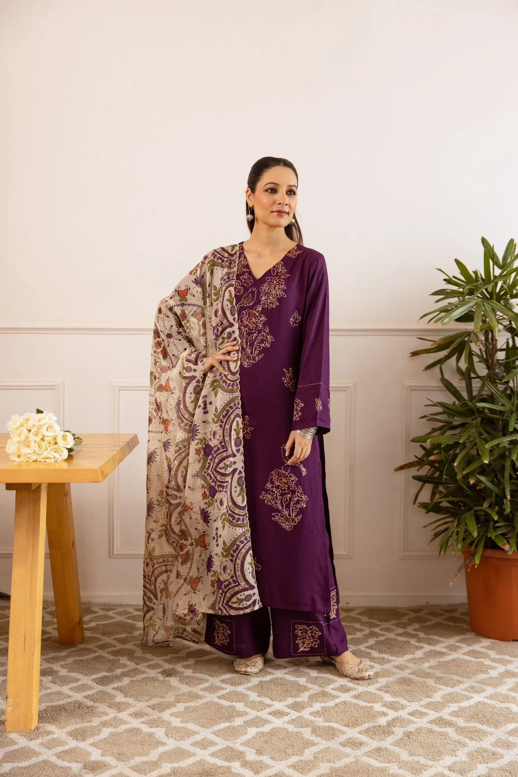 sukartaa rayon 3pc suit set with heavy embroidery & digital print dupatta – wine