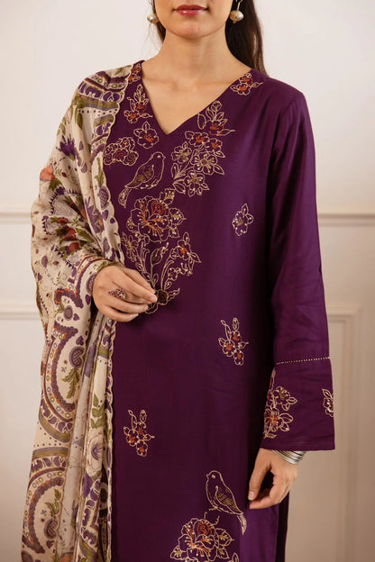 Sukartaa Rayon 3PC Suit Set with Heavy Embroidery & Digital Print Dupatta – Wine