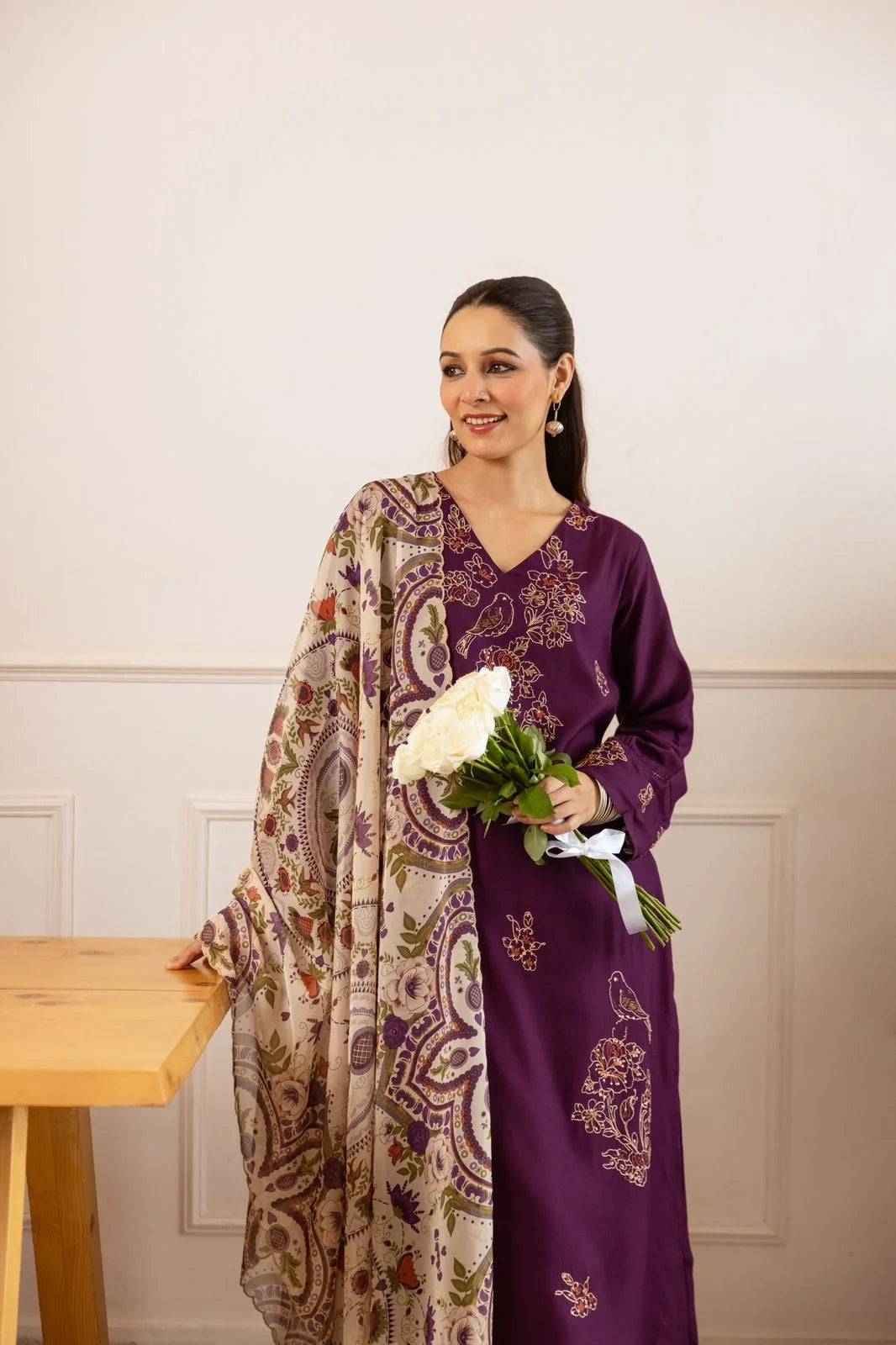 sukartaa rayon 3pc suit set with heavy embroidery & digital print dupatta – wine