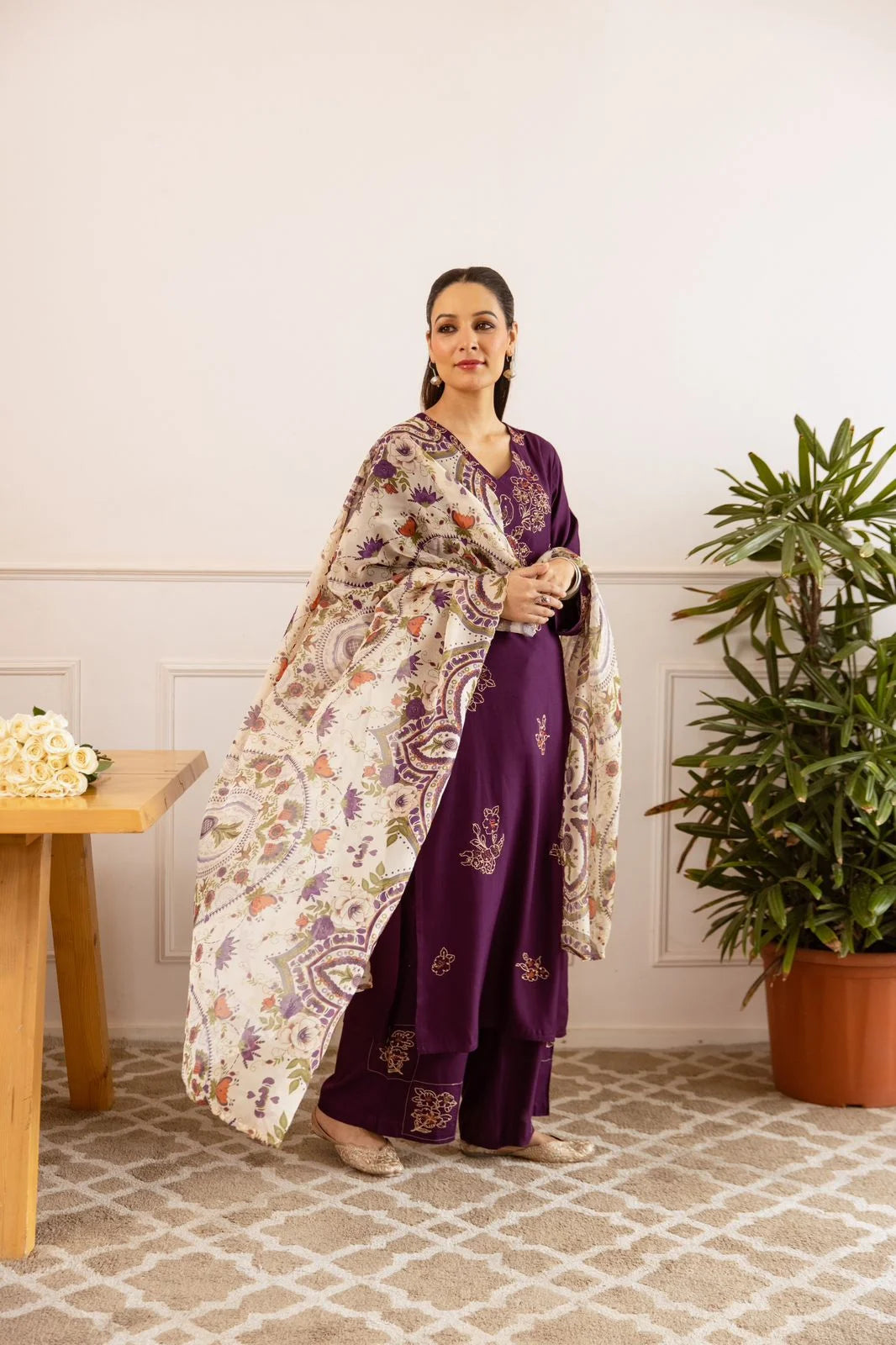 sukartaa rayon 3pc suit set with heavy embroidery & digital print dupatta – wine