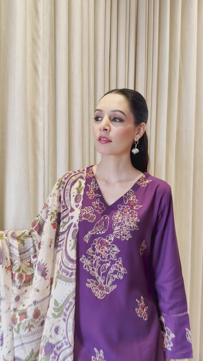 Sukartaa Rayon 3PC Suit Set with Heavy Embroidery & Digital Print Dupatta – Wine