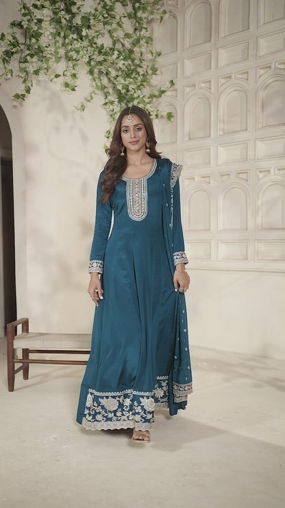 Sukartaa Dola Embroidered Gown with Dupatta – Heavy Zari Work |BLUE