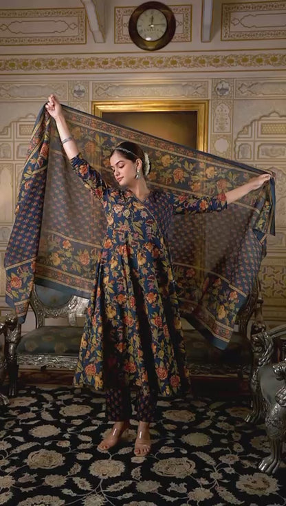 Sukartaa Angrakha Anarkali 3PC Set in Pure Cotton with Badla Work – Navy Blue